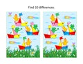 Pond regatta picture puzzle with chicks, frogs, toy sailboats, fish, grassy coastline. Find 10 differences.